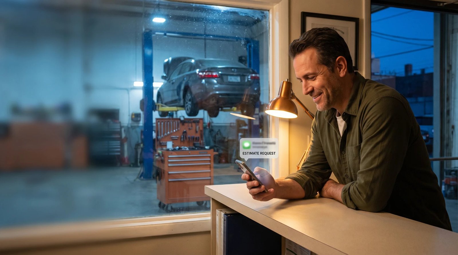A smiling shop owner leaning on the office counter reading an estimate request on his phone at dusk, with a car up on the lift in the bay behind the window