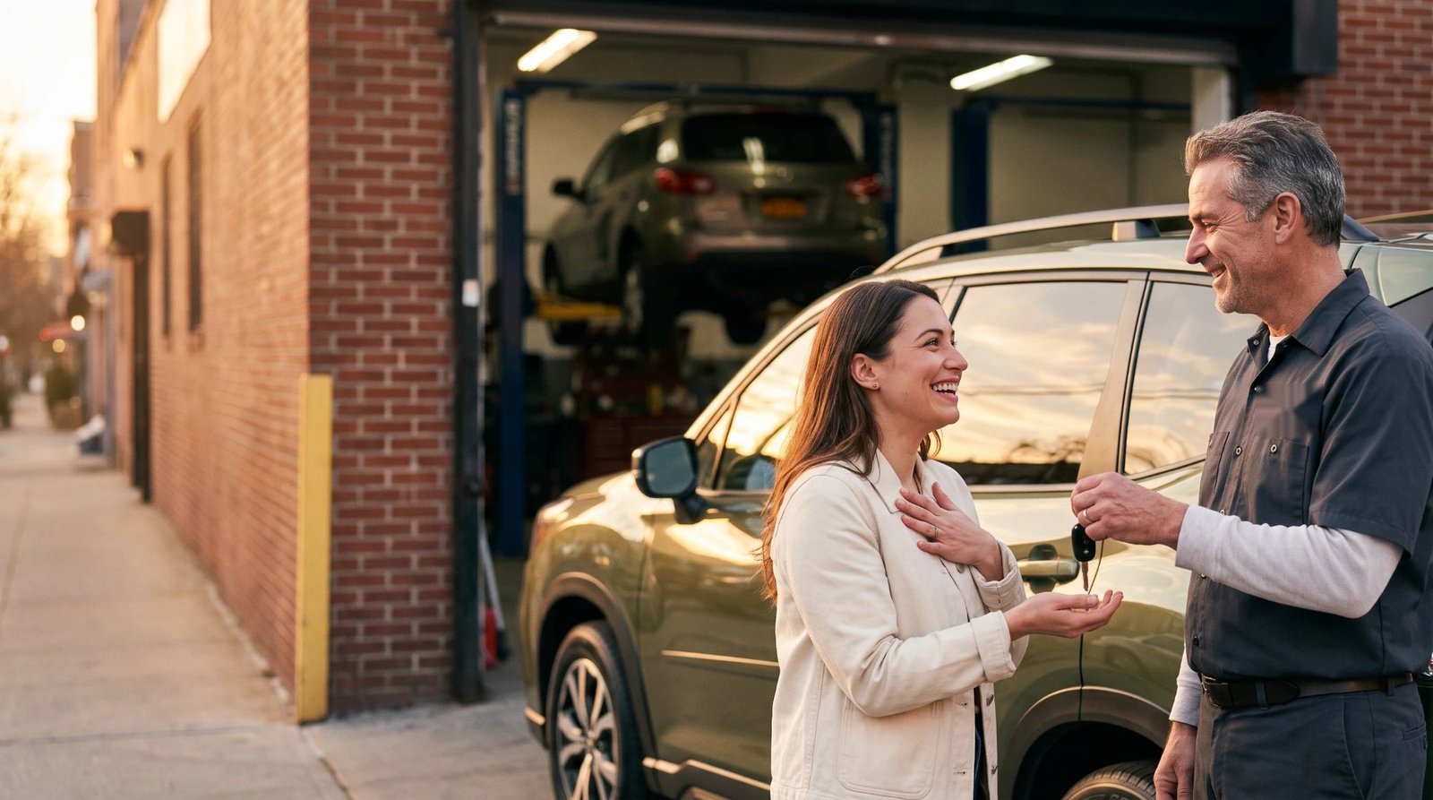 A smiling shop owner in a work shirt handing car keys to a delighted customer beside her SUV, outside a brick auto shop with a car up on the lift