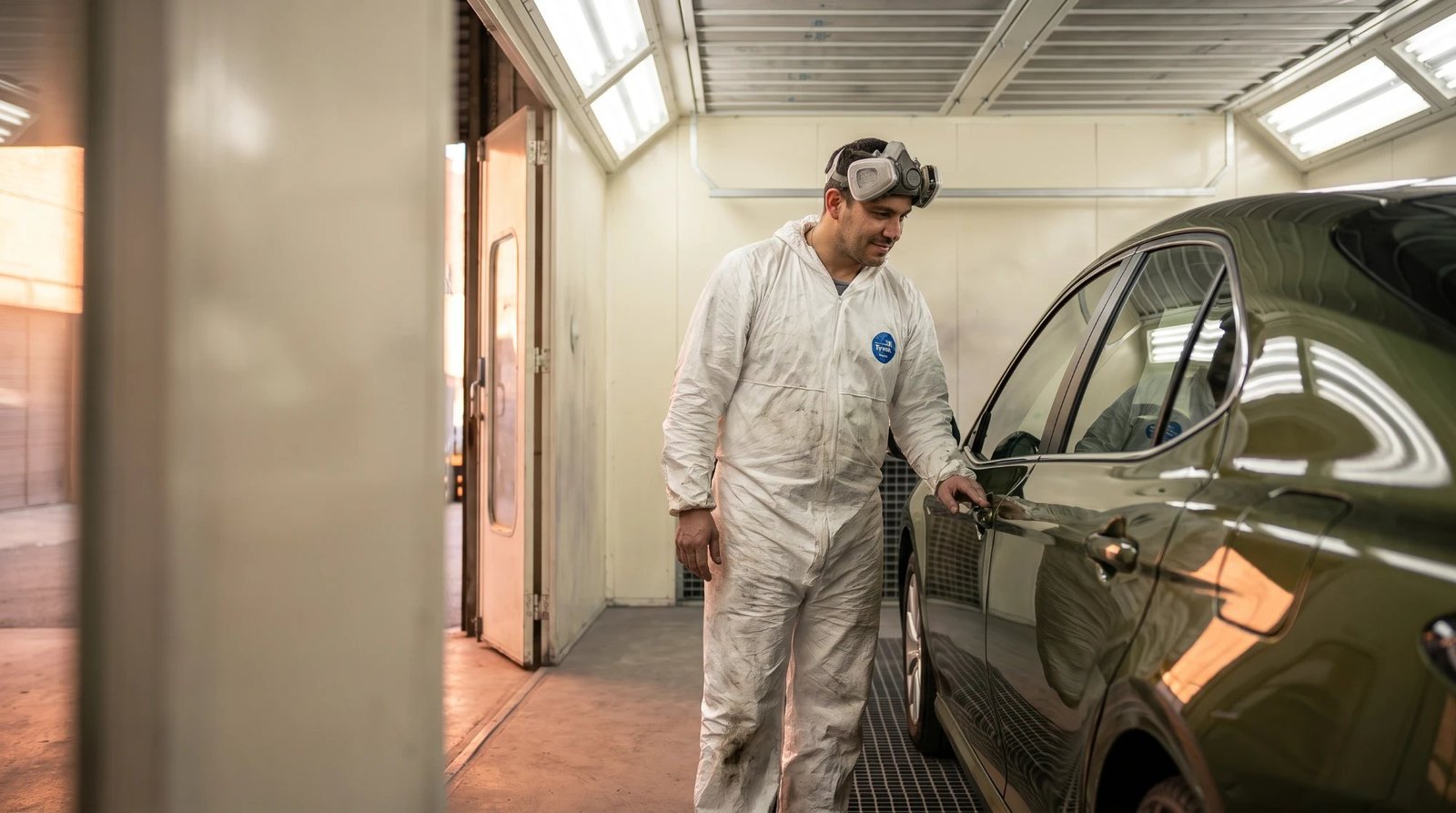 A painter in a white coverall with a respirator pushed up on his head inspecting the fresh finish on a dark green sedan in a paint booth